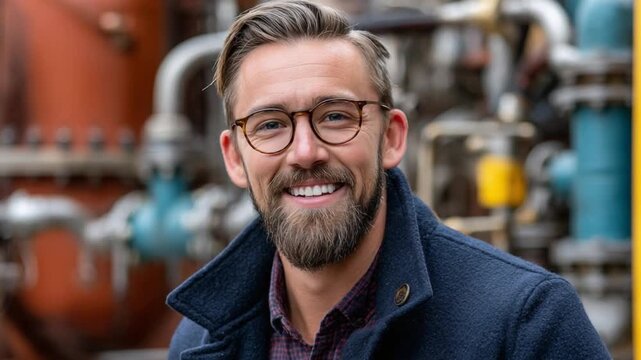 Smiling Professional in Industrial Setting: A confident professional with eyeglasses and a beard exudes a positive attitude while posing in an industrial environment.