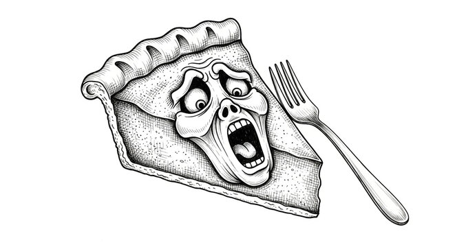 Horrified Pie Slice Screaming Next to Fork - Surreal Black and White Illustration