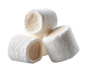 Three fluffy, white, cylindrical candies stacked, with a light beige filling visible within