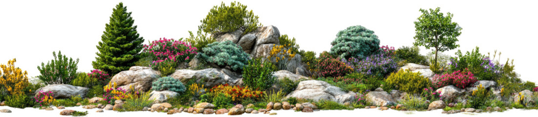 Colorful rock garden with various plants