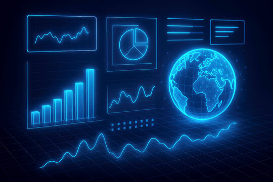 Glowing Blue Futuristic Data Interface with Graphs, Charts, and Earth Globe visualization technology - Powered by Adobe
