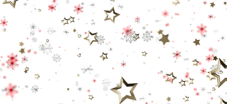 Abstract Christmas or New Year background with gold stars and snowflakes floating against a white backdrop. Perfect for holiday themes, celebrat