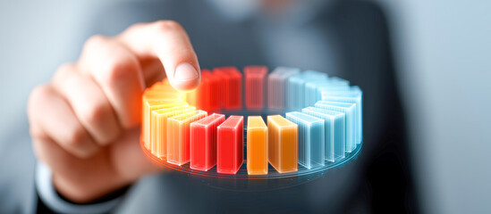 Futuristic data analytics business analyst touch glowing pie chart dashboard technology innovation strategy report metric growth performance analysis insight visualization ring circle segment