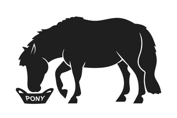 Silhouette of a pony eating from a feeding bowl