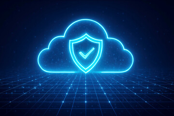 Glowing Neon Cloud Security Shield with Checkmark on Digital Grid Background cloud computing protection