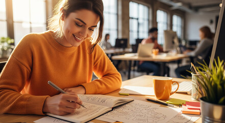 Employee sketching ideas on notebook, casual office setting, bright natural light, focused atmosphere 