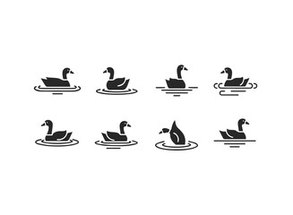 Set of eight duck icons on water.