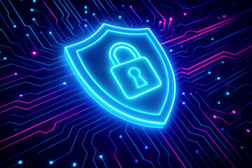 Glowing Neon Shield with Padlock Icon on a Circuit Board Background security