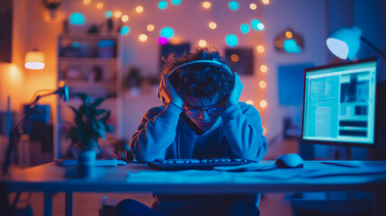Young person deeply immersed in glowing blue-lit room, wearing headphones and glasses while working on computer, surrounded by warm string lights and feeling intense focus or frustration during late-n