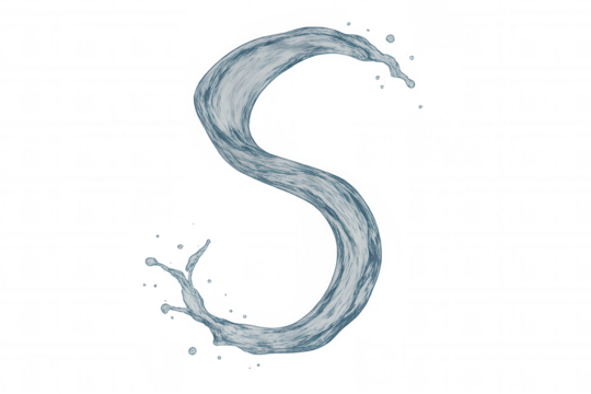 Water forming letter s, splashing liquid alphabet with blue fluid on transparent background