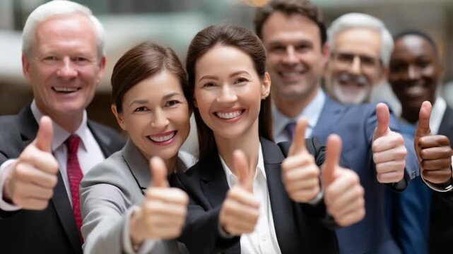 Business Team Approval: A diverse group of colleagues confidently show thumbs up, exuding teamwork, collaboration, and success in a professional setting. Capturing the essence of optimism and unity.