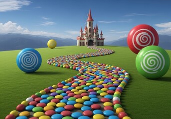 A winding path made of colorful candies leads to a fairytale castle under a blue sky with fluffy clouds