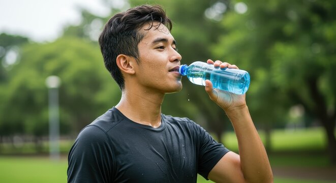 Smiling young man hydrating himself by drinking water from a plastic bottle in a park, showcasing the refreshing act with a blurred green background, highlighting healthy lifestyle choices, with a...