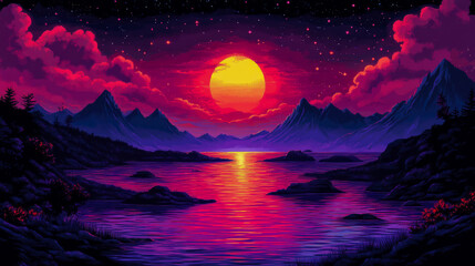 Immersive pixel art rendering of breathtaking sunset over calm mountain lake, featuring gigantic golden sun, brilliant crimson and magenta reflections on water, dark majestic peaks, and shimmering sta