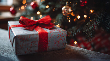 A beautifully wrapped present with a red bow, placed under the Christmas tree.