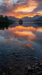 Calm Water Vibrant Sunset Reflection Serene Landscape Mountain View Background Copy Space