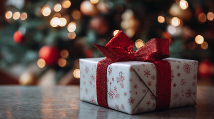 A beautifully wrapped present with a red bow, placed under the Christmas tree.