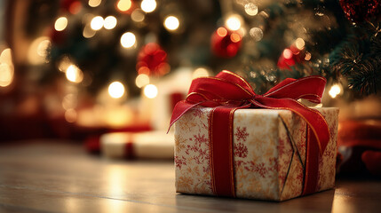 A beautifully wrapped present with a red bow, placed under the Christmas tree.