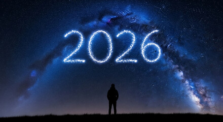 Person gazing at bright 2026 text against starry night sky