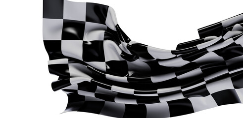 A close-up of a waving checkered flag isolated on a white background. The flag represents racing,...