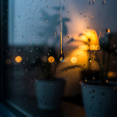 Rainy night cityscape view through a wet window with bokeh lights
