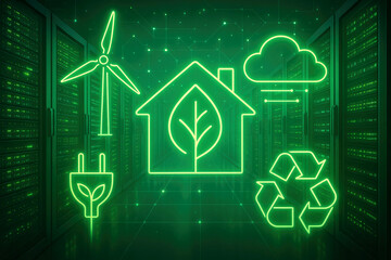 Green neon icons of eco-friendly technology and sustainability in a server room green technology renewable energy