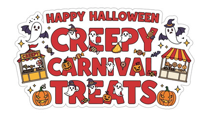 Spooky Carnival Delights: An illustrated design for Halloween, depicting a vibrant carnival atmosphere with eerie elements and sweet treats. A celebration of the spooky season.