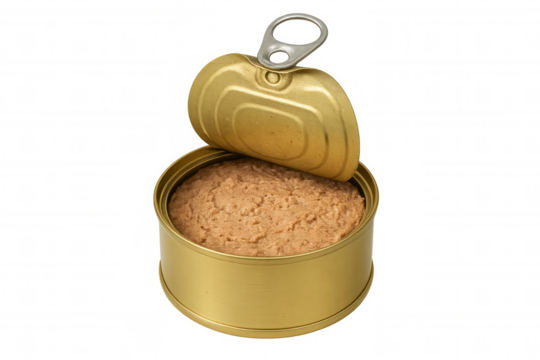 Open golden tin can with pull tab containing pâté, food preservation, isolated with transparent background