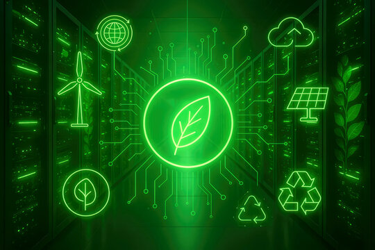 Green neon icons of renewable energy and sustainability symbols in a server room green technology eco-friendly