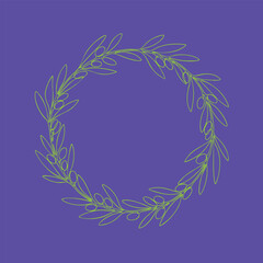 Elegant circular wreath made of delicate green leaves on a soft purple , creating a minimalist and natural decorative