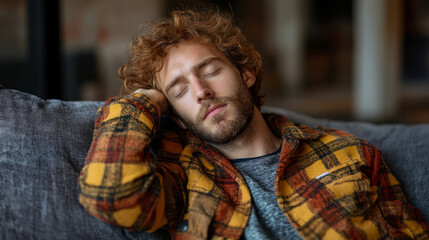 Peaceful rest of handsome bearded man with vibrant red curly hair, casually napping on textured gray sofa, adorned in checkered yellow and orange flannel shirt indoors