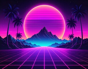 Naklejka premium Pixelated Digital Art Sunset over Mountain Landscape with Palm Trees and Grid Pattern in Retro Style