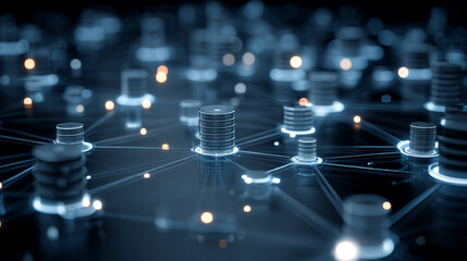 A network of data storage units connected by glowing lines in a blue environment