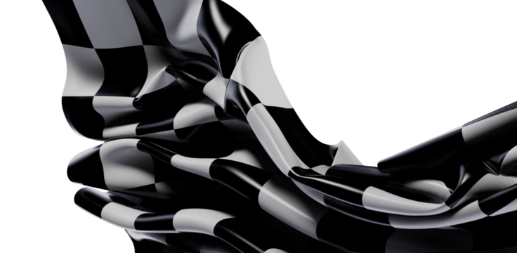 An abstract rendering featuring a glossy, flowing surface of a black and white checkered flag pattern. Ideal for concepts like speed, racing, an