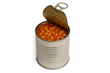 Baked beans in an open metal can with pull tab, ready for eating, isolated on transparent background