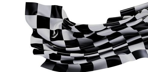 A 3D rendered checkered flag billowing in the wind, isolated against a pure white backdrop. A...
