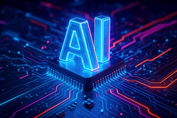 Illuminated AI Text on a Detailed Microchip with Vibrant Circuitry artificial intelligence technology