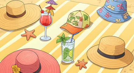 Colorful Display of Summer Hats and Refreshing Cocktails on Sandy Beach Surface