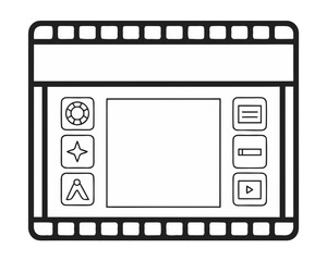 Obraz premium Simple line drawing of a film strip with a blank screen and icons
