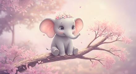 Cute Young Elephant Sitting on a Tree Branch Adorned with Flowers in a Pastel Wonderland