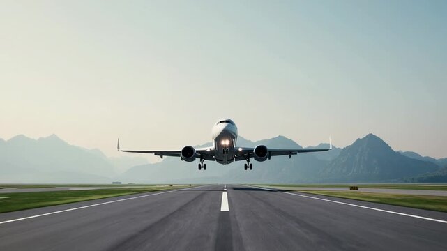 Passenger airplane smoothly touching down on airport runway, surrounded by majestic mountain landscape during bright summer daylight
