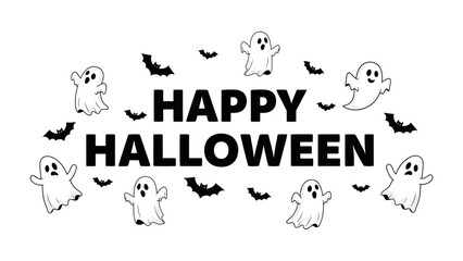 Happy Halloween: A whimsical illustration of a Happy Halloween greeting adorned with playful ghosts and bats, ideal for seasonal celebrations and festive designs.