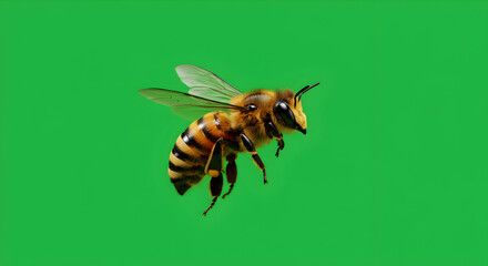 Honey Bee in Mid-Flight Against a Vibrant Green Background