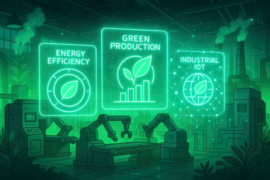 Industrial factory with robotic arms and glowing screens displaying green production and energy efficiency