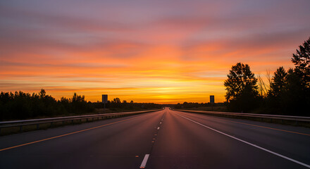 Obraz premium Vibrant Sunset Over Long Empty Highway with Silhouetted Trees and Colorful Sky