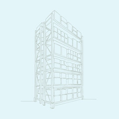 Tall industrial storage rack with multiple shelves filled with boxes in a warehouse setting