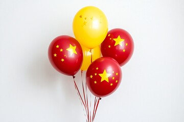 Red and yellow balloons with yellow stars tied with red ribbons against a white background