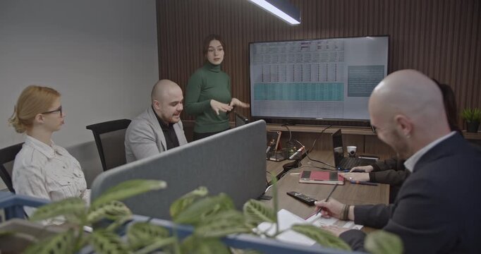 Business team in office meeting room analyzing graphs and discussing positive results on a monitor. Teamwork and success concept.