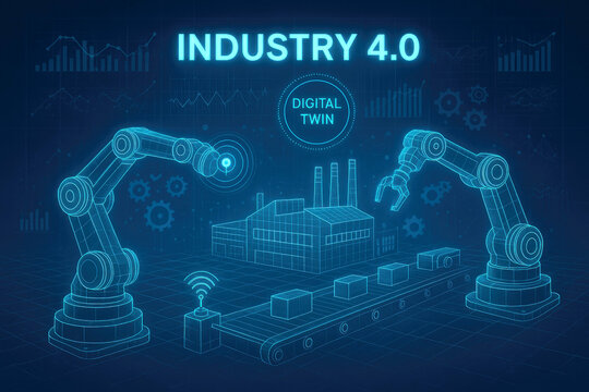 Industry 4.0 Digital Twin Concept with Robotic Arms and Factory Wireframe automation manufacturing