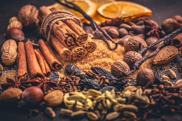 Warm winter spices featuring star anise, cinnamon, dried orange, cloves  and nuts